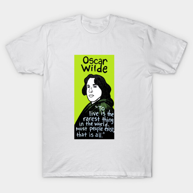 White graphic t-shirt with green background, featuring a literary quote and portrait illustration, ideal for casual wear.