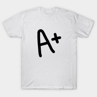 White cotton t-shirt with bold black "A+" print, casual style, perfect for everyday wear or gifting.