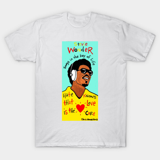 White graphic t-shirt with colorful retro design, featuring headphones and positive text. Casual cotton apparel for music lovers.