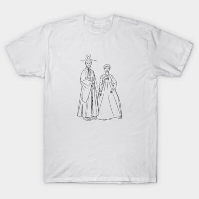 White T-shirt featuring a line art design of traditional clothing, casual wear, cotton fabric, unisex style.