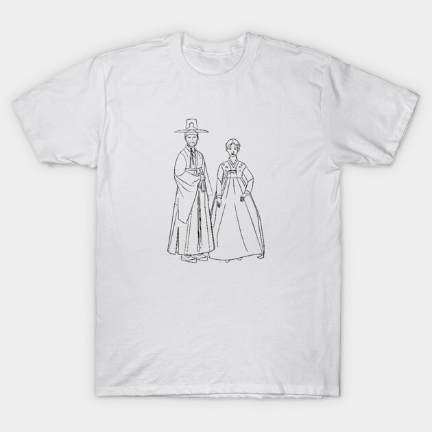 White T-shirt featuring a line art design of traditional clothing, casual wear, cotton fabric, unisex style.
