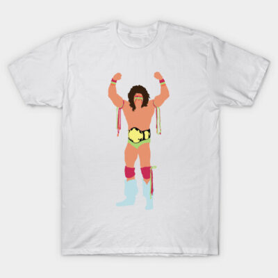 White t-shirt with colorful wrestling champion graphic, ideal for casual wear, made from soft cotton material.