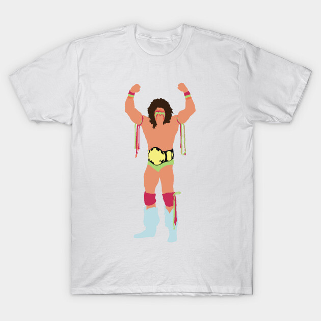 White t-shirt with colorful wrestling champion graphic, ideal for casual wear, made from soft cotton material.