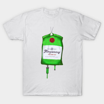 White T-shirt with green and white gin bottle design, casual style, cotton material, perfect for everyday wear.