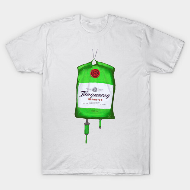 White T-shirt with green and white gin bottle design, casual style, cotton material, perfect for everyday wear.