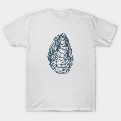 White t-shirt featuring a black oyster shell illustration, casual style, made from soft cotton, perfect for everyday wear.