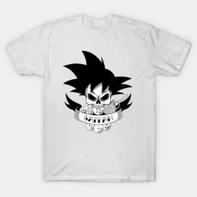 White t-shirt with black graphic design featuring a skull, spiky hair, and "Saiyan" text; casual wear.