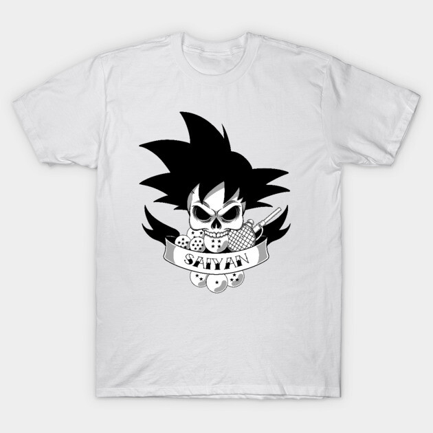 White t-shirt with black graphic design featuring a skull, spiky hair, and "Saiyan" text; casual wear.