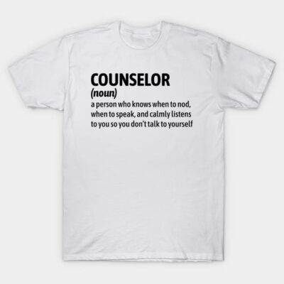 White cotton t-shirt with "Counselor" text design; casual style, ideal for daily wear and gifting.