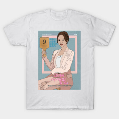 White t-shirt with pastel illustrated design, featuring a woman holding a paddle. Casual style, cotton material.
