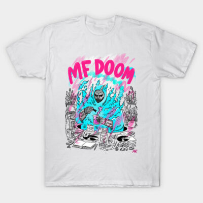 White graphic t-shirt with colorful design, features abstract art and bold lettering, perfect for casual wear.