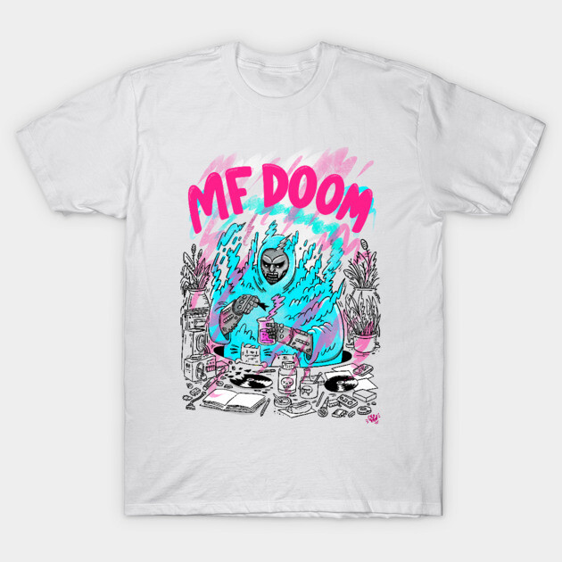 White graphic t-shirt with colorful design, features abstract art and bold lettering, perfect for casual wear.