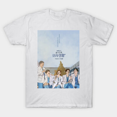 White cotton t-shirt featuring a colorful illustrated design with text in Korean, casual style for everyday wear.