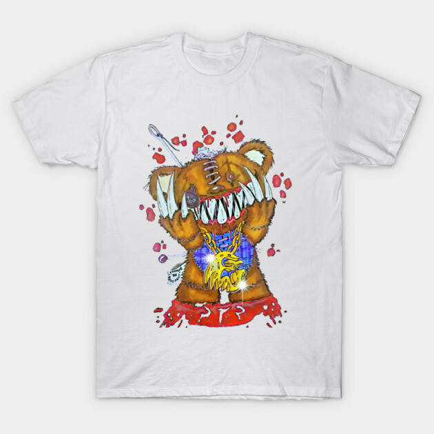 White t-shirt featuring a fierce teddy bear graphic with stitched details and vibrant colors, perfect for casual wear.