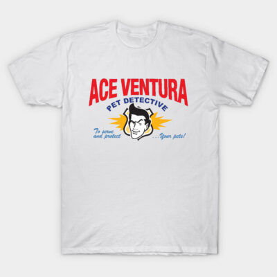 White cotton t-shirt with "Ace Ventura Pet Detective" graphic in red and blue, casual unisex style.