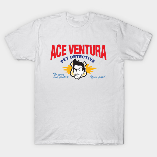 White cotton t-shirt with "Ace Ventura Pet Detective" graphic in red and blue, casual unisex style.