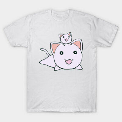 White T-shirt with cute cartoon cat design, short sleeve, casual wear, soft cotton fabric, unisex style.
