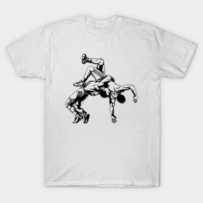 White cotton t-shirt with black wrestling graphic, casual style, perfect for sports enthusiasts and everyday wear.