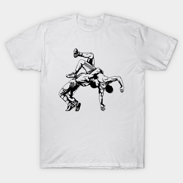 White cotton t-shirt with black wrestling graphic, casual style, perfect for sports enthusiasts and everyday wear.