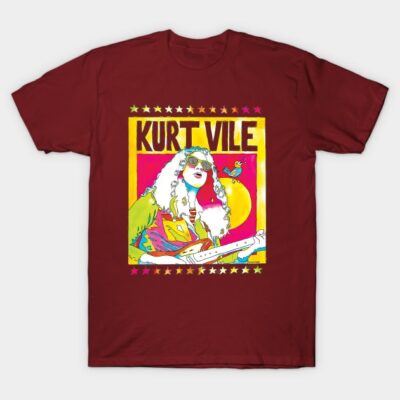 Maroon graphic t-shirt with colorful psychedelic design, ideal for casual wear, featuring bold artistic print.