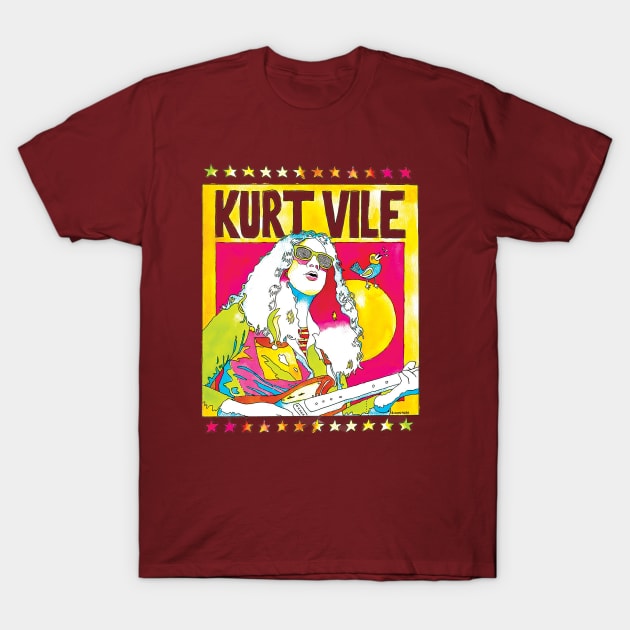 Maroon graphic t-shirt with colorful psychedelic design, ideal for casual wear, featuring bold artistic print.