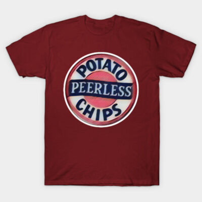 Red t-shirt featuring retro "Peerless Potato Chips" logo design, casual style, 100% cotton material.