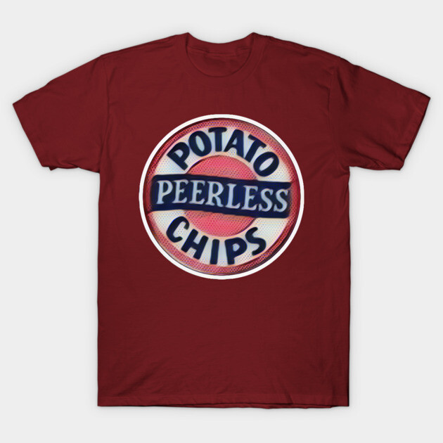 Red t-shirt featuring retro "Peerless Potato Chips" logo design, casual style, 100% cotton material.