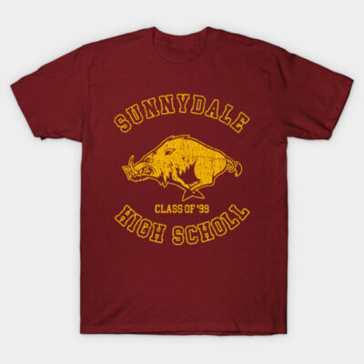 Maroon t-shirt with "Sunnydale High School Class of '99" yellow graphic, casual cotton apparel.