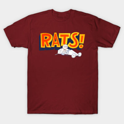 Maroon graphic t-shirt with bold "RATS!" text and cartoon design, casual wear, cotton fabric, unisex style.