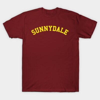 Maroon t-shirt with "Sunnydale" text in yellow, casual style, perfect for everyday wear, comfortable cotton material.