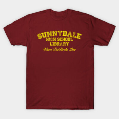 Maroon t-shirt with yellow "Sunnydale High School Library" text, casual style, cotton material, perfect for daily wear.