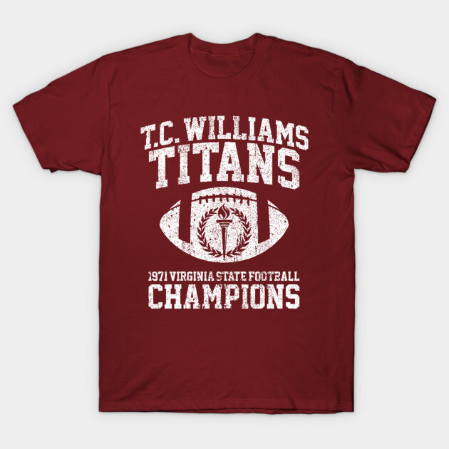 Maroon T-shirt with vintage football design, featuring "T.C. Williams Titans 1971 Champions" text. Comfortable cotton fabric.