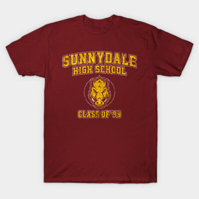 Maroon t-shirt with "Sunnydale High School Class of '99" design, featuring a boar emblem, cotton material.