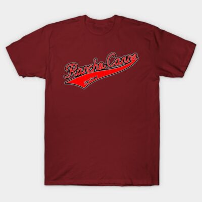 Maroon t-shirt with "Rancho Carne" graphic design, casual style, ideal for everyday wear, 100% cotton.