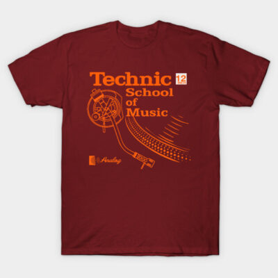 Maroon t-shirt with "Technic School of Music" design in orange, featuring a turntable illustration. Cotton material.