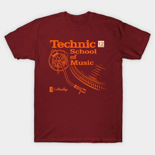 Maroon t-shirt with "Technic School of Music" design in orange, featuring a turntable illustration. Cotton material.