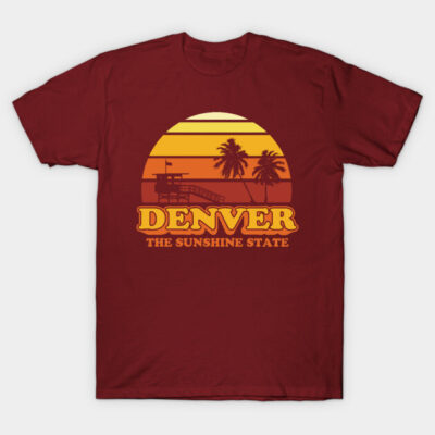 Burgundy T-shirt with Denver sunset graphic, palm trees, beach theme, casual wear, cotton blend fabric.