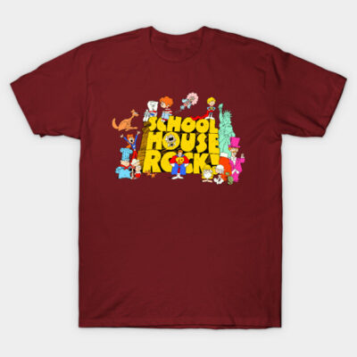 Burgundy graphic T-shirt featuring colorful retro cartoon design, ideal for casual wear, made of soft cotton.