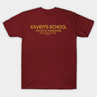Maroon T-shirt with "Xavier's School for Gifted Youngsters" yellow print, casual style, soft cotton material.
