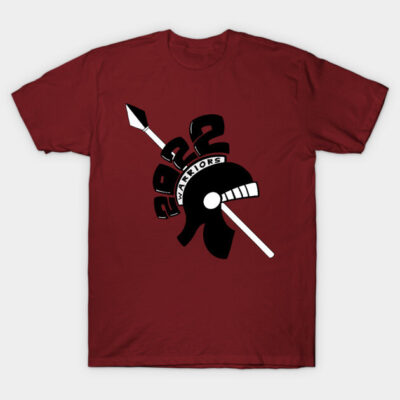 Maroon T-shirt with black warrior helmet and spear graphic, "2022 Warriors" text. Casual style, cotton material.