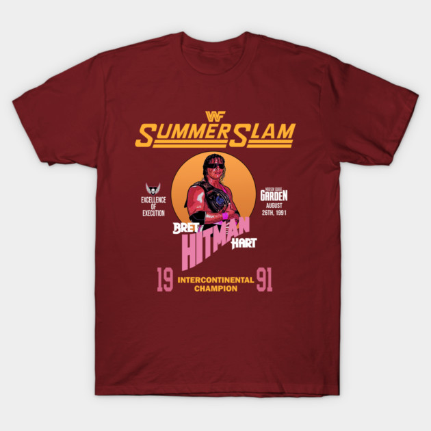 Maroon graphic t-shirt featuring vintage wrestling event design, ideal for fans, 100% cotton, casual wear.