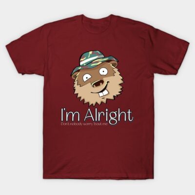 Maroon t-shirt with cartoon beaver design and "I'm Alright" text, casual wear, cotton material.
