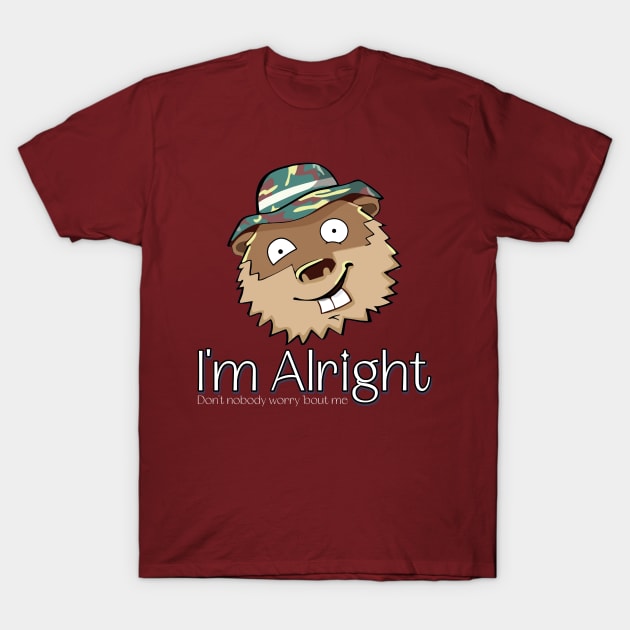 Maroon t-shirt with cartoon beaver design and "I'm Alright" text, casual wear, cotton material.