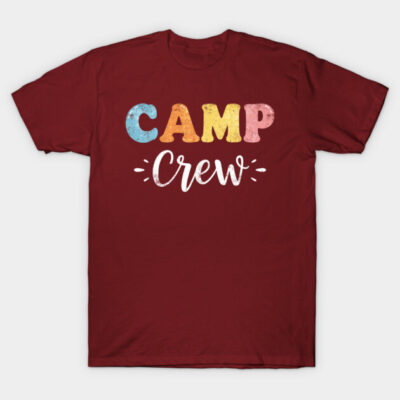 Maroon T-shirt with "Camp Crew" design in colorful letters, casual style, ideal for outdoor activities and events.