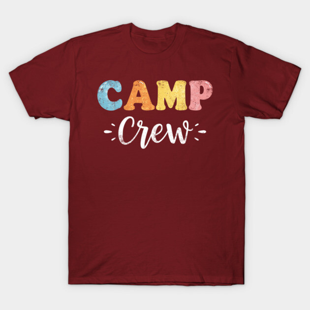 Maroon T-shirt with "Camp Crew" design in colorful letters, casual style, ideal for outdoor activities and events.