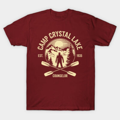 Maroon Camp Crystal Lake t-shirt with vintage outdoorsy design, featuring oars and forest scene, 100% cotton casual wear.