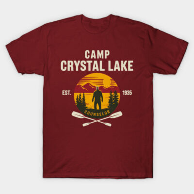 Maroon Camp Crystal Lake T-shirt, vintage design with sunset and paddles, casual cotton tee for outdoor enthusiasts.