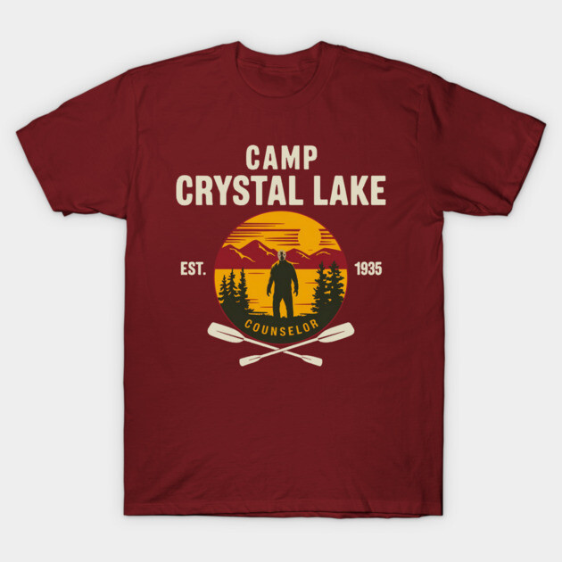 Maroon Camp Crystal Lake T-shirt, vintage design with sunset and paddles, casual cotton tee for outdoor enthusiasts.