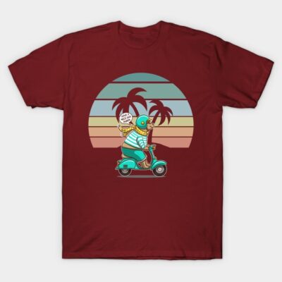 Maroon t-shirt with retro scooter and palm tree graphic, casual style, perfect for everyday wear.