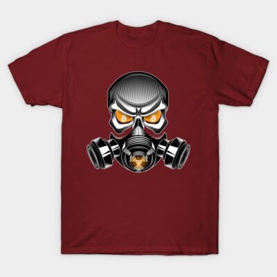 Maroon t-shirt featuring a bold skull and gas mask graphic with bitcoin symbols, perfect for casual wear or street style.